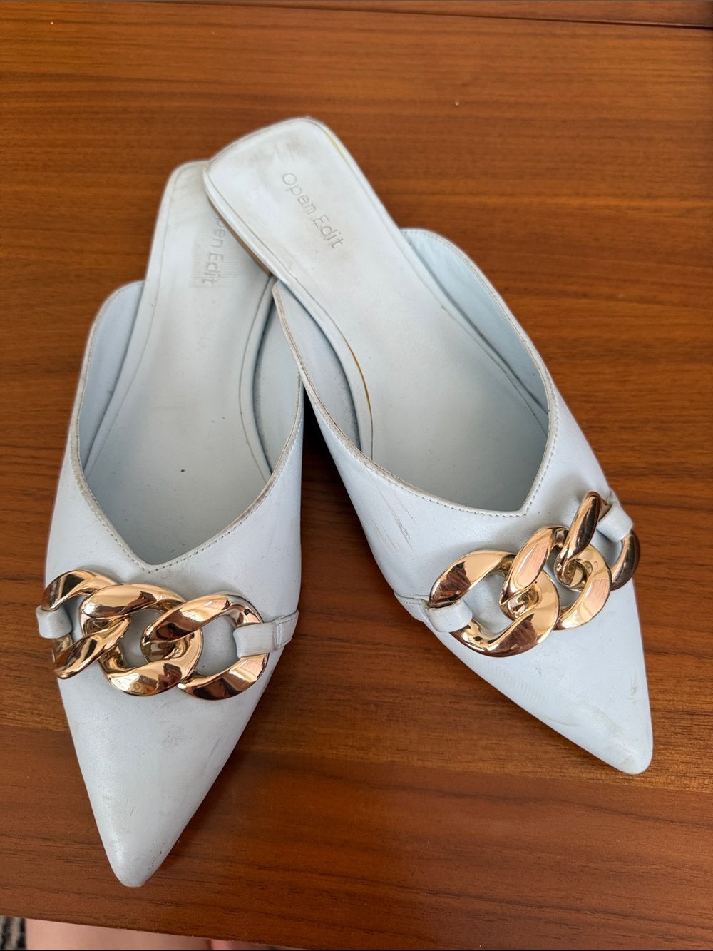 Open Edit White Pointed Slip-On Mules with Gold Chain Accent